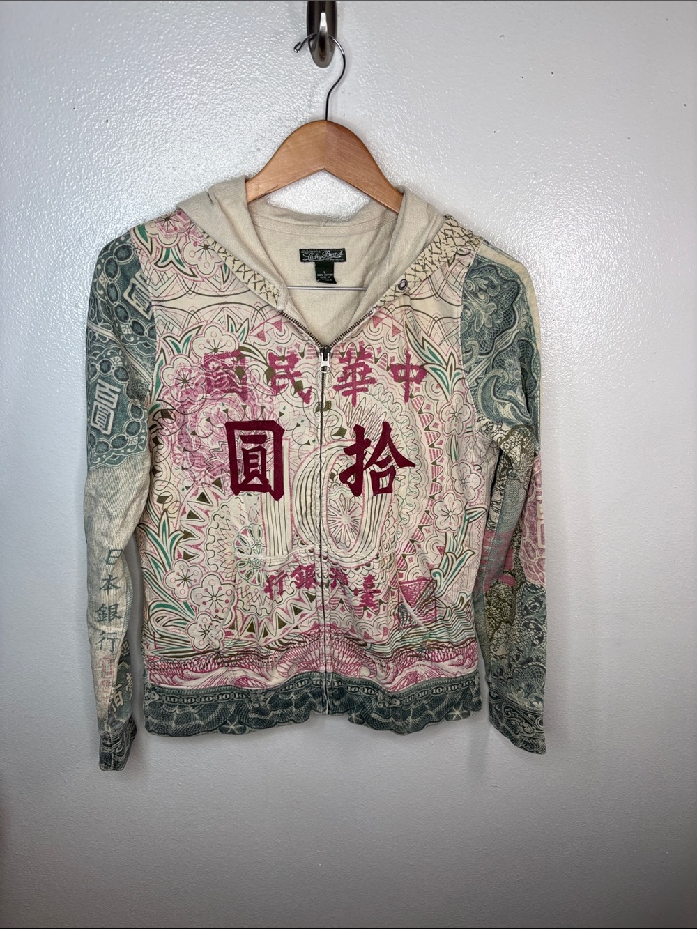 Y2K Lucky Brand Asian Floral Money Zip Hoodie Women Size L BLEMISH